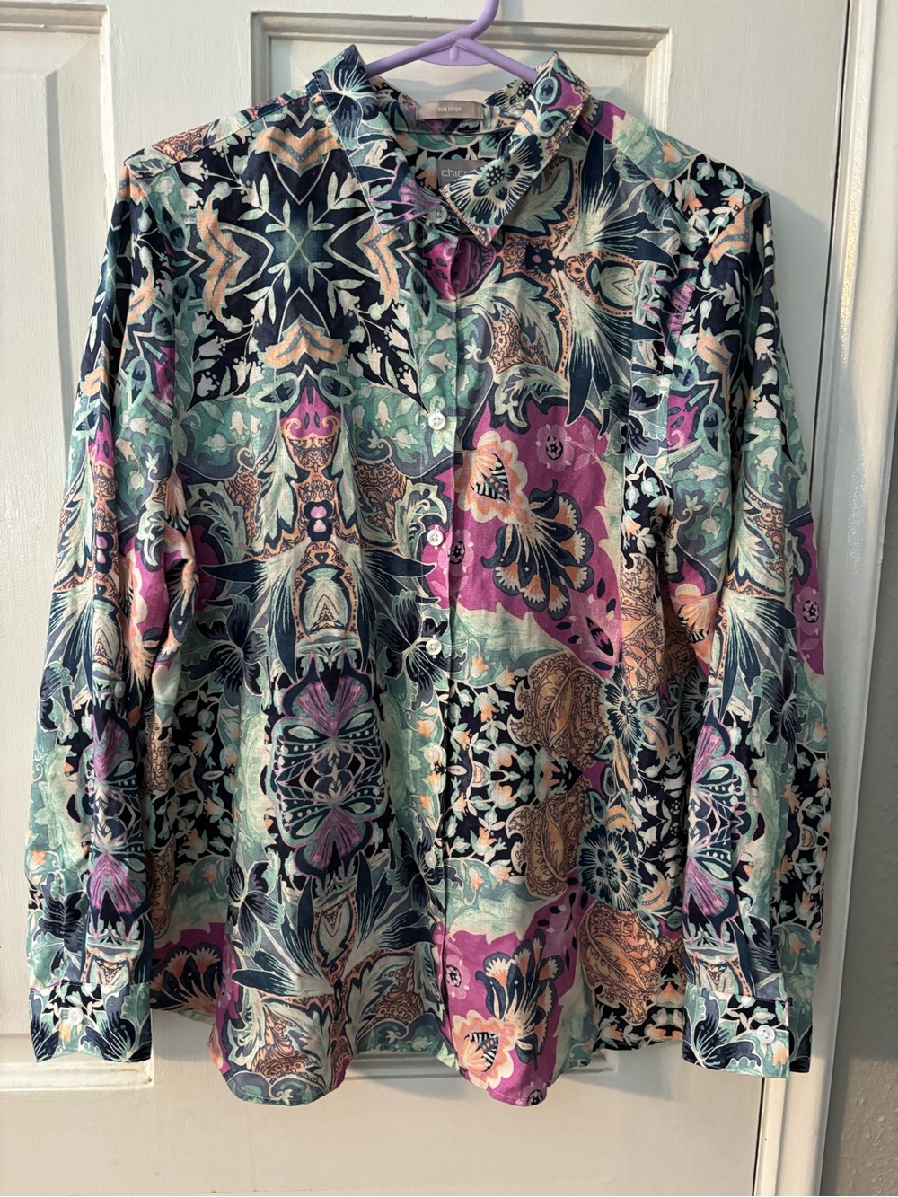 Chico's 3 Non-Iron Floral Button-Up Shirt 100% Linen Multicolor Long Sleeve